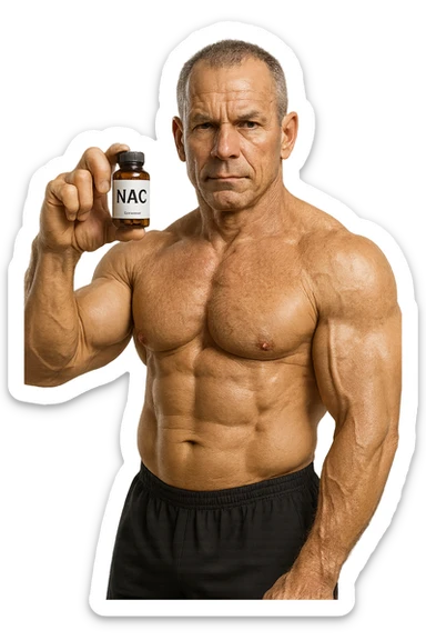 BODYBUILDER 50ENNE CHE TIENE IN MANO UNA BOCCETTA CON LA SCRITTA "NAC" SULL'ETICHETTA, IPERREALISTICA 4K sticker