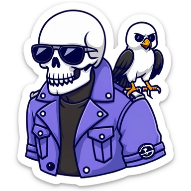 Skull Biker wearing sunglasses holding a raven sticker