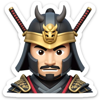 clash-of-clans-aesthetic_-cinematic-fearsome-and-majestic-samurai-bust-portrait-emoji, rendered in a flat, vector-style with minimal shading and bold, simplified shapes typical of emoji art, depicting a battle-hardened samurai with black mask and traditional black Japanese armor. The samurai is riding a noble grey warhorse adorned with an intricately designed saddle and fluttering banners and a rising sun. a samurai riding on a  horse zoomed in sticker