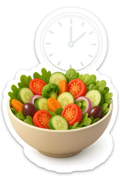 bowl con insalatona e orologio che le fluttua dietro che simboleggia una cena fatta in ritardo in 3d sticker