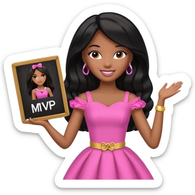Black barbie, long black  hair, pink dress holding mvp sign  sticker