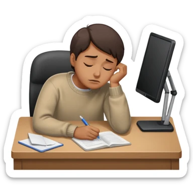 A person wearing a jumper experiencing burnout, exhausted and overwhelmed, tired eyes, slumped posture, sitting at a desk, iOS emoji style sticker