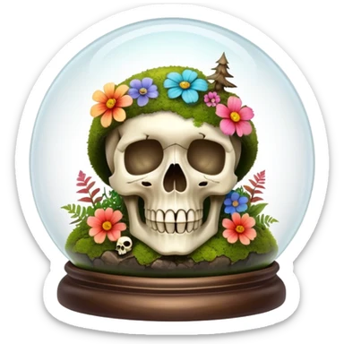 Mystical woodland glass dome globe with moss and a skull and flowers inside  sticker