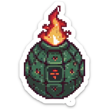 Red digital bomb with flame-shaped fuse on top, round bomb body with red highlights and details, pixel art style sticker