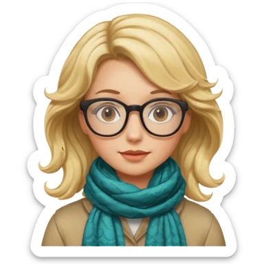 a girl drink with blonde wavy hair, wearing glasses, having scarf sticker