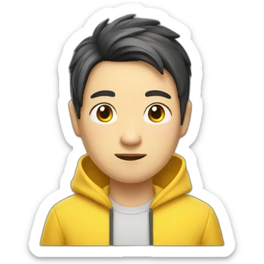 A mature Chinese boy with black hair wearing yellow hoodie sticker