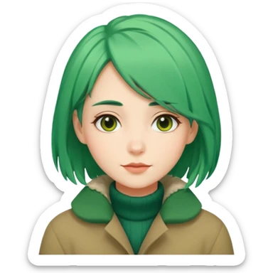 Girl with green hair wearing warm winter coat with a relaxed posture and friendly face sticker