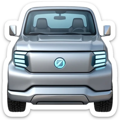 A futuristic electric pickup truck emoji, silver chrome body, angular cyber design, smooth metallic panels, subtle reflections, minimalistic proportions, iOS emoji style, centered composition, clean white background, soft lighting sticker