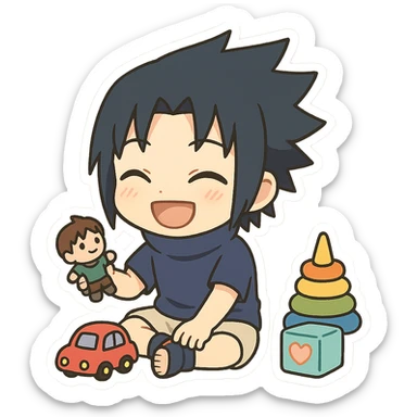 Kid Sasuke, playing with toys with a bright smile, adorable chibi sticker, innocent version of Sasuke sticker