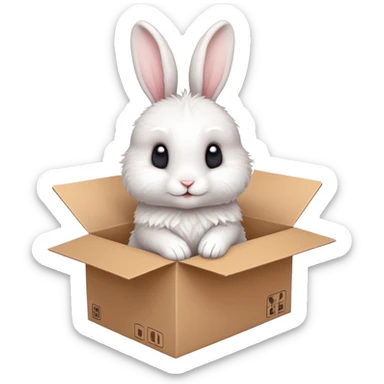  A very cute young  rabbit  with one's head tilted to one side poked its paws out of the cardboard big box and placed them on top of it sticker