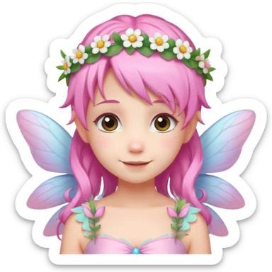 A tiny pastel fairy with pink hair with glowing wings and a sweet smile and tiny flower crown sticker