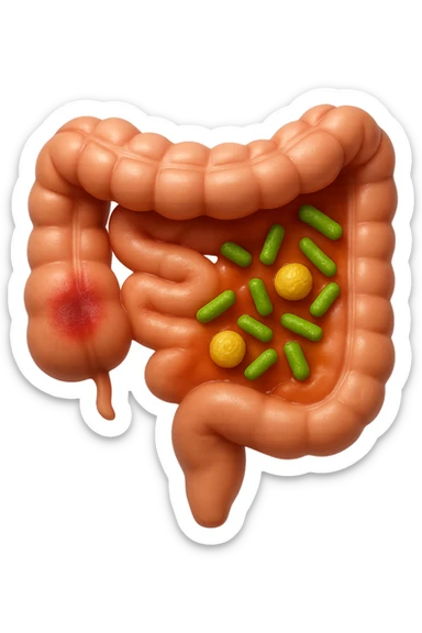 emoji stile iphone in 3d di intestino realistico con infezione e batteri dentro, iperrealistico 4k sticker