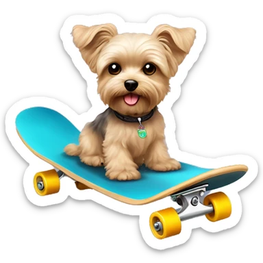 yorkie bichon mix. dog with light tan curly fur, very very long ears down. dark brown eyes, mouth closed. on a skateboard sticker
