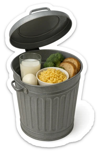 SECCHIO DELLA SPAZZATURA DENTRO CUI CADE UNA MOZZARELLA, UN BICCHIERE DI LATTE, UNA BOWL DI PASTA, QUALCHE BROCCOLO, QUALCHE FETTINA DI PANE sticker