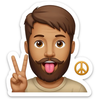 Man with beard sticking tongue out with peace sign under tongue sticker