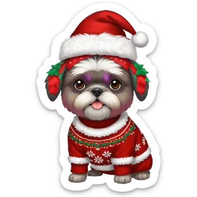 dark grey shih tzu christmas sweater and hat sticker