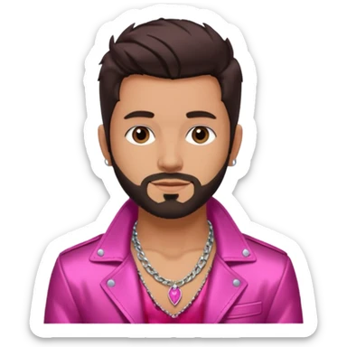 Frankie Zulferino, Pop Singer (b.1990) with dark brown hair and short beard shirtless with necklace, dark pink metallic jacket sticker
