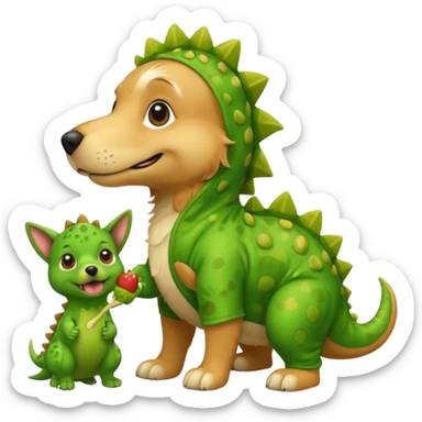 a golden retriever with a dinosaur costume thats eating a chihuahua thats in a dinosuar costume sticker