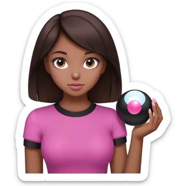 woman with dark brown hair, wearing an aesthetic top featuring a pink magic 8 ball sticker