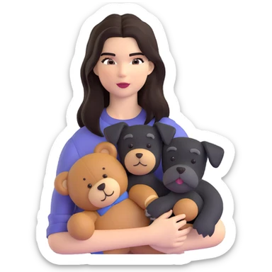 Kendall Jenner with long dark hair, holds a brown teddy bear and a black schnauzer sticker