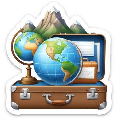 An icon featuring a suitcase, a hotel bell, and a globe, symbolizing tourism and hospitality. The design includes a scenic landmark, like a mountain or beach, and a check-in desk, representing travel and accommodation services. Transparent background sticker