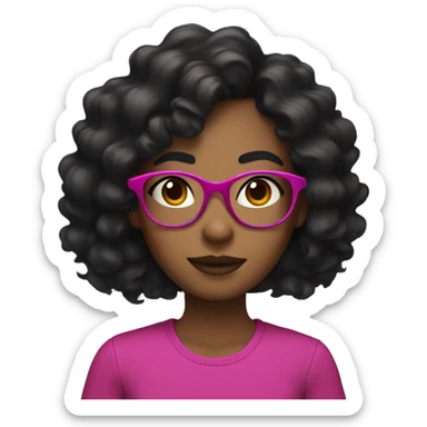 Girl with long curly black hair and brown skin and dark eyes and fuchsia round glasses  sticker