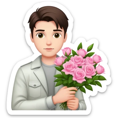 A cool bad boy with fair skin holding a bouquet of pink jasmine roses sticker