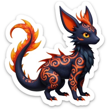 Shiny Fiery Dark Ugly Evil Realistic Glowing Eldritch Horror Cool Edgy Badass Emo Glorious Demonic Batty Dusky Ethereal Sparkly Shimmering Magical Punky Aural Iridescent Fluorescent Bioluminescent Litten-Amaura-Salandit-Noibat-Flareon-Fakémon-fusion (full body) with intricate pattern markings sticker