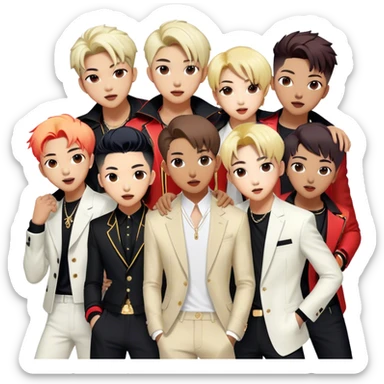 Cinematic Realistic BTS Portrait Emoji, depicted as a dynamic energetic portrayal of the global K-pop group with stylish modern attire and vibrant expressions, rendered with rich textures and bold contemporary lighting that captures their youthful charisma. sticker
