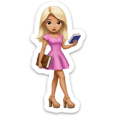 Bimbo walking, platform heels, mini dress, picking up book from ground, hot , bratz sticker