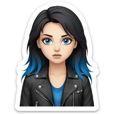 
 rockstar girl with long black disheveled hair, blue eyes, Smokey eyes grunge makeup, rocking  sticker