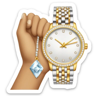 A hand holding up a diamond watch on its wrist sticker