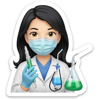 medica con guantes  y mascarilla e insumos laboratorio  jeringa tubos  pelo negro largo triguella sticker