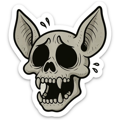 expressive cartoon bat skull, pale gray, with big black eye sockets, symbolizing figurative death from strong feelings sticker