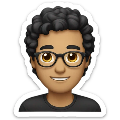 Beige guy, black eyes, black long wavy hair, no facial hair, thin long nose, round glasses, black t shirt sticker