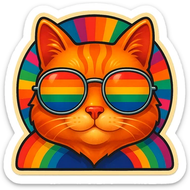 Add a vibrant, colorful background behind the cat with rainbow sunglasses, keep the retro stickers style the same. sticker