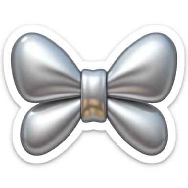 A cute bow emoji made of polished silver chrome, smooth rounded loops, glossy metallic surface, soft mirror reflections, subtle highlights, minimal and adorable proportions, iOS emoji style, centered composition, clean white background, soft studio lighting, no text, no outline, ultra high quality sticker