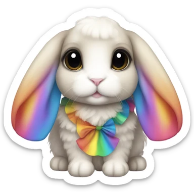 Cute holland lop bunny with big black eyes wearing rainbow dress sticker