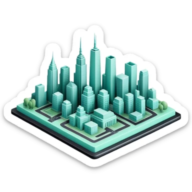 Urbanisme & Aménagement (Urban Planning), 3D techy icon with black and mint green (#B5F4D3) color scheme, city skyline with blueprint sticker