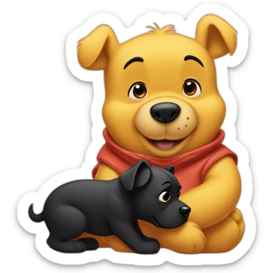 Winnie the Pooh with a black small dog who has a White spot on the stomach sticker