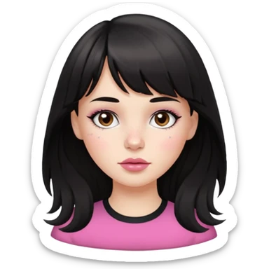 white girl, oval face, bangs and long black, slightly wavy hair. With round brown eyes, small and round nose, full and pink lips. Skin with some freckles. rock style sticker
