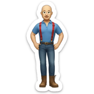 A bald man in dr martense boots, a polo shirt, jeans and red suspenders sticker