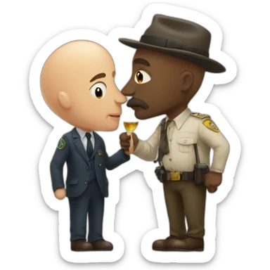 African bald older man detective with hat kisses tall older european man detective  sticker