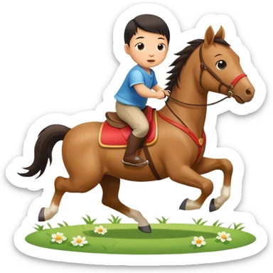 l little chinese baby riding on a  cute horse running really fast on the grass with 2026 year's label sticker