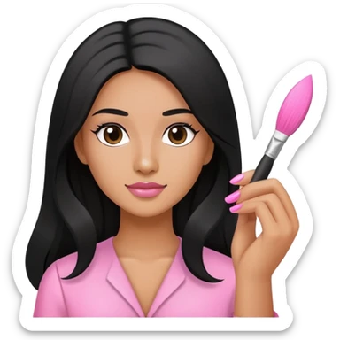 Pink Nail Tech with black long hair holding small acrylic brush sticker
