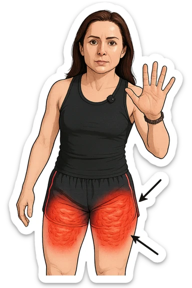 Donna con cellulite sulle cosce indica le cosce che sono infiammate di cellulite con frecce ad indicare  sticker