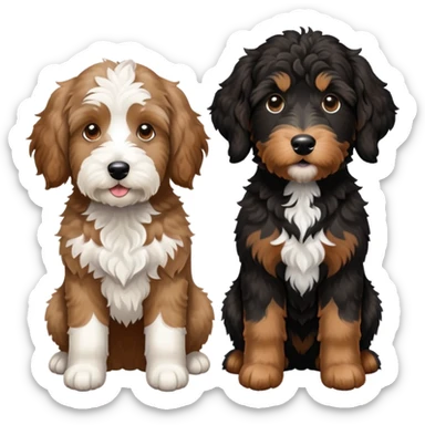 2 dogs: one light brown Aussiedoodle, one all-black Bernedoodle with white eyebrows some white markings, no brown . Both same size. sticker