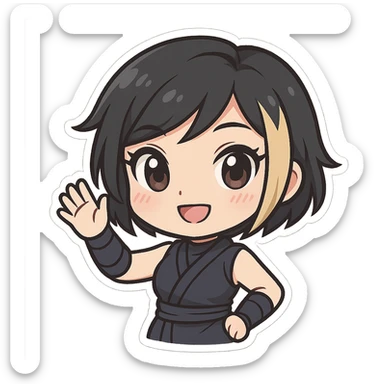 Chibi ninja girl with black short hair and a blonde streak, big head, small body and arms, not overly round or infant-like, cute and playful, anime-style face with large expressive eyes, small nose and mouth, subtle blush, hand fully raised, waving to the left, smiling, pastel colors, soft shading, clean outlines, no mask, transparent background, face looks sexy with slightly parted lips, confident gaze, longer lashes, subtle contouring, for animation frame 1 sticker