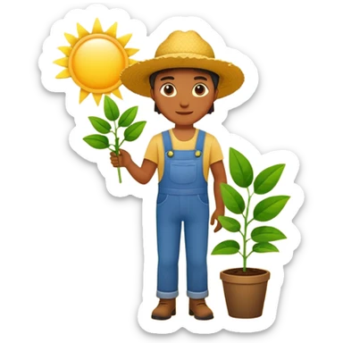 Create a confident farmer emoji standing under a bright sun, holding a healthy green plant, minimal flat design, bright colors, vector style, white background. sticker