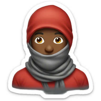 Man in red hoodie with hood up wearing a scarf sticker